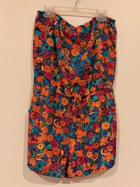 Forever 21 Colorful Floral Strapless Romper in Orange, Teal & Purple